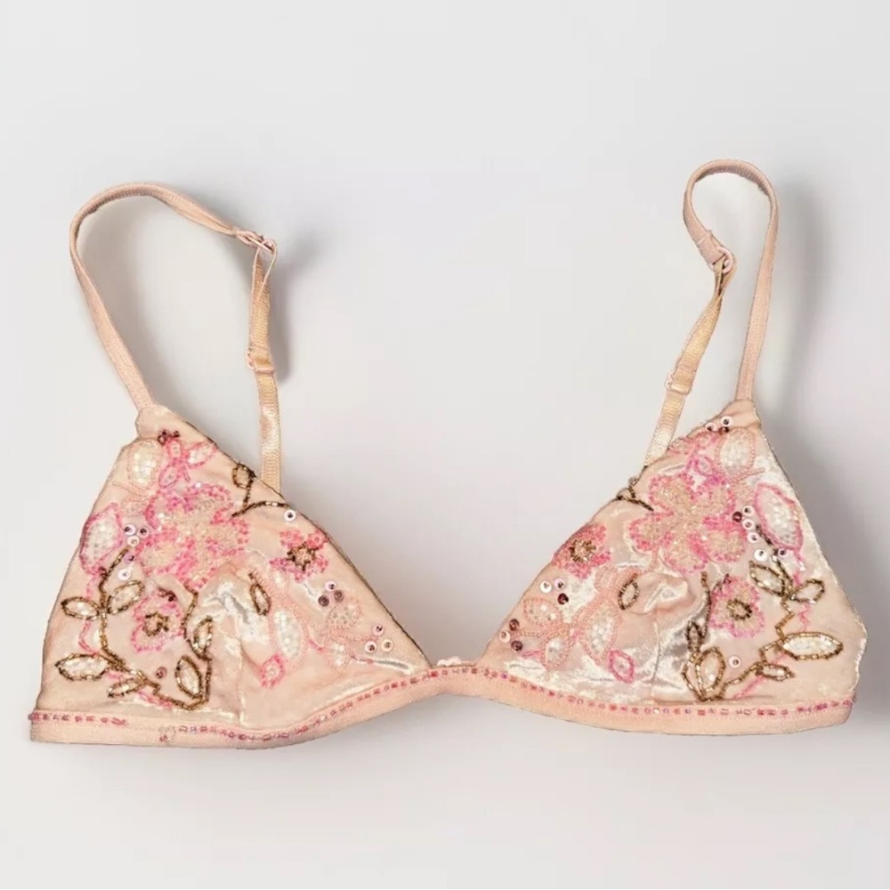Vintage Express Beaded Velvet‎ Triangle Bralette. Pink. Medium